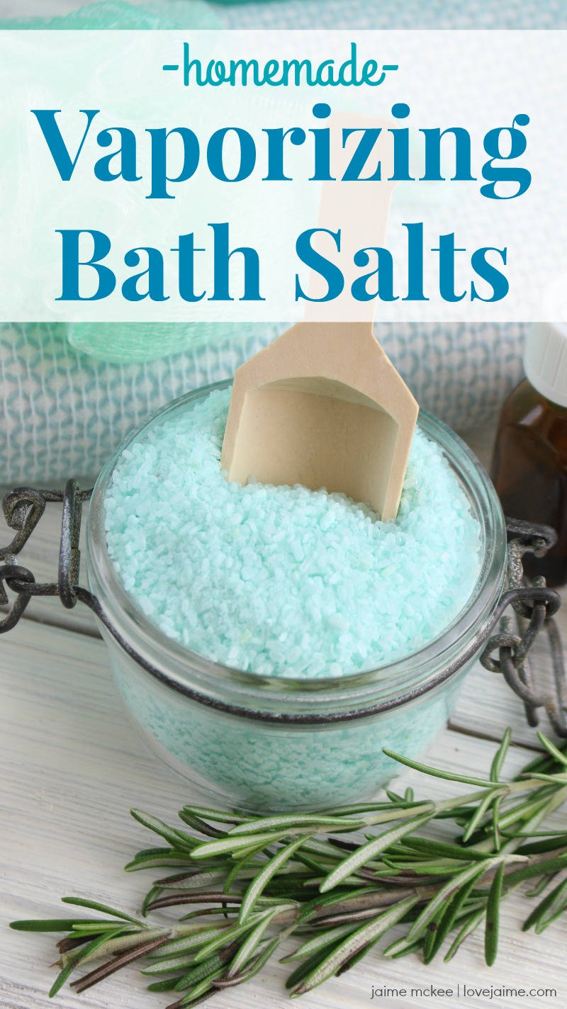 One of my go-to remedies during cold and flu season is a vaporizing steam, and these homemade vaporizing bath salts are great for helping with sinus congestion.  #diy #essentialoils #bathsalts #sinusrelief