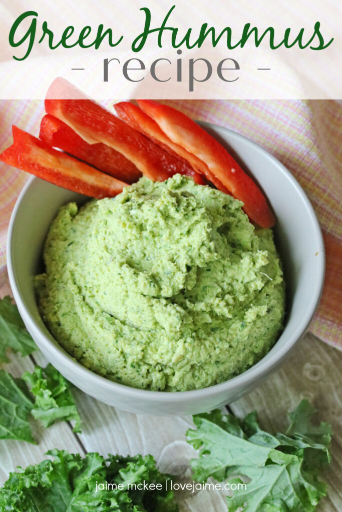 This green hummus recipe is easy to make - and a way to use the kale you have that you don't want to make into chips or throw away! It's a healthy dip that your family will love. 
