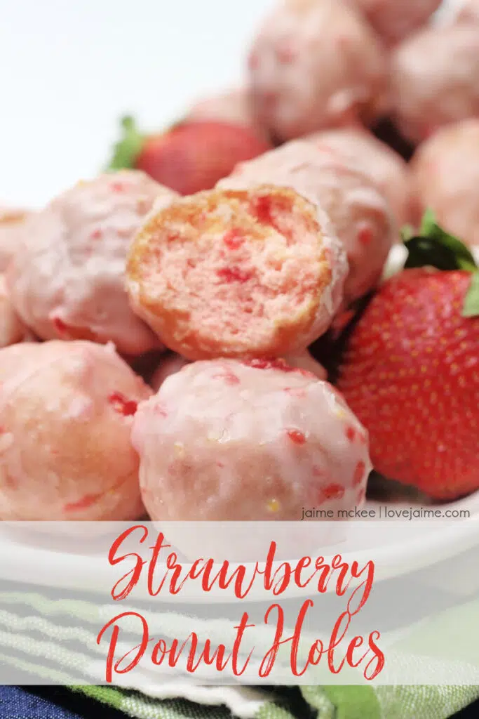 Strawberry donut lovers, unite! This recipe for Strawberry Donut Holes is quick to make, and you don't need a donut pan to make the holes. So easy for a weekend treat. 